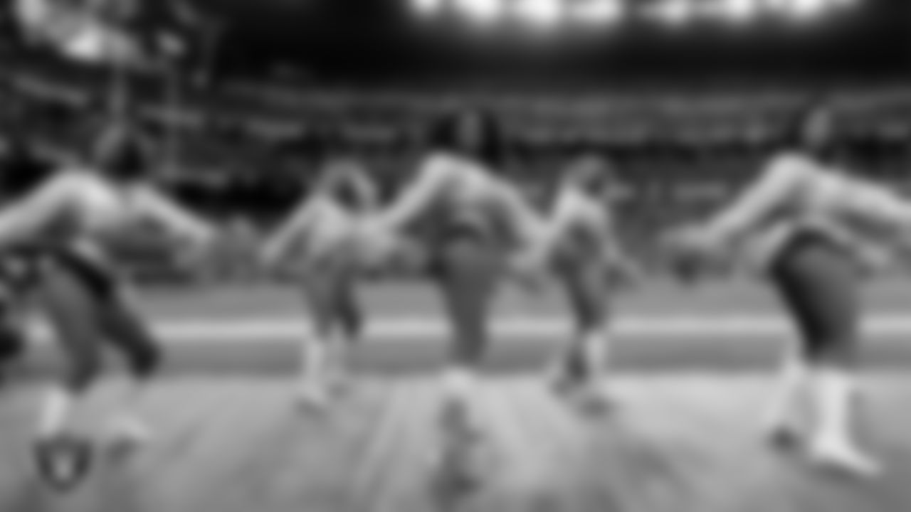 Line 4 of the Raiderettes performs on the sidelines during the regular season home game against the Cleveland Browns at Allegiant Stadium.