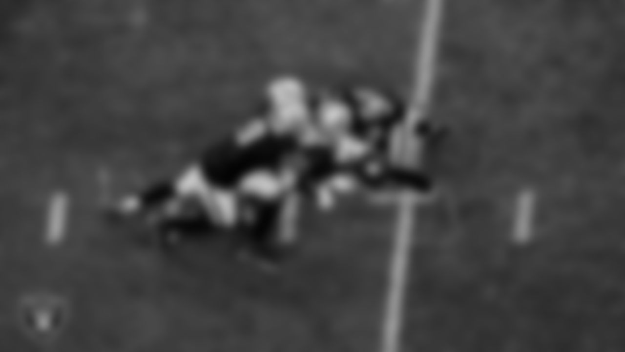 Las Vegas Raiders defensive end Tyree Wilson (9), linebacker Devin White (45) and safety Lonnie Johnson Jr. (32) during the regular season home game against the New York Giants at Allegiant Stadium.