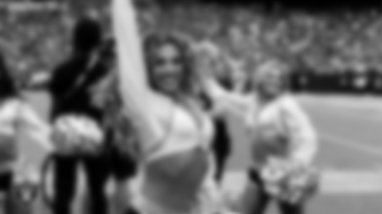 Raiderette Lexie on the sidelines during the preseason home game against the San Francisco 49ers at Allegiant Stadium.