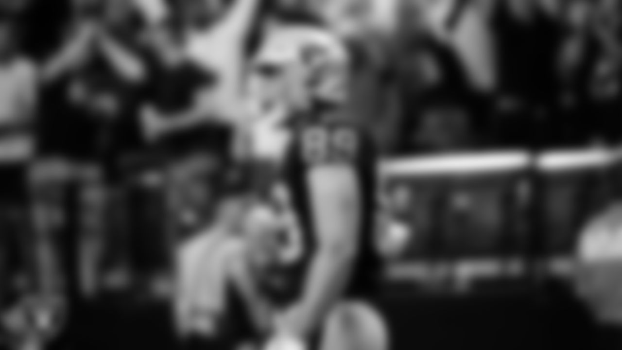 Las Vegas Raiders tight end Brock Bowers (89) celebrates after making a 27-yard touchdown catch during the regular season home game against the Jacksonville Jaguars at Allegiant Stadium.