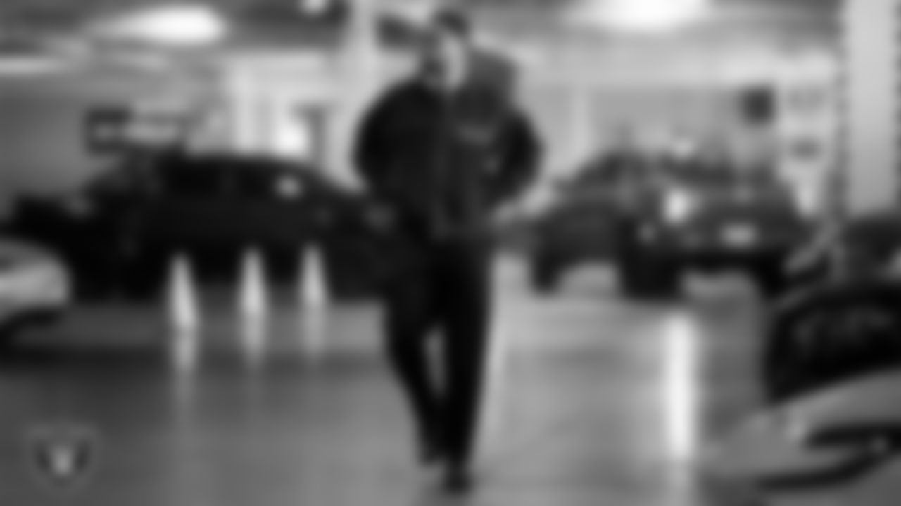 Las Vegas Raiders defensive tackle Jonah Laulu (96) arrives to the regular season home game against the Jacksonville Jaguars at Allegiant Stadium.