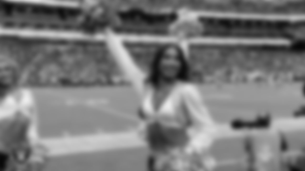 Raiderette Meekela on the sidelines during the preseason home game against the San Francisco 49ers at Allegiant Stadium.