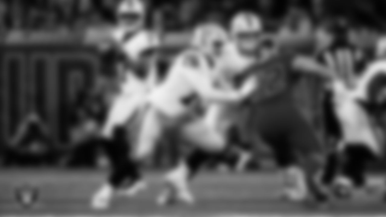Las Vegas Raiders guard Caleb Rogers (76) blocks during the regular season away game against the Houston Texans at NRG Stadium.