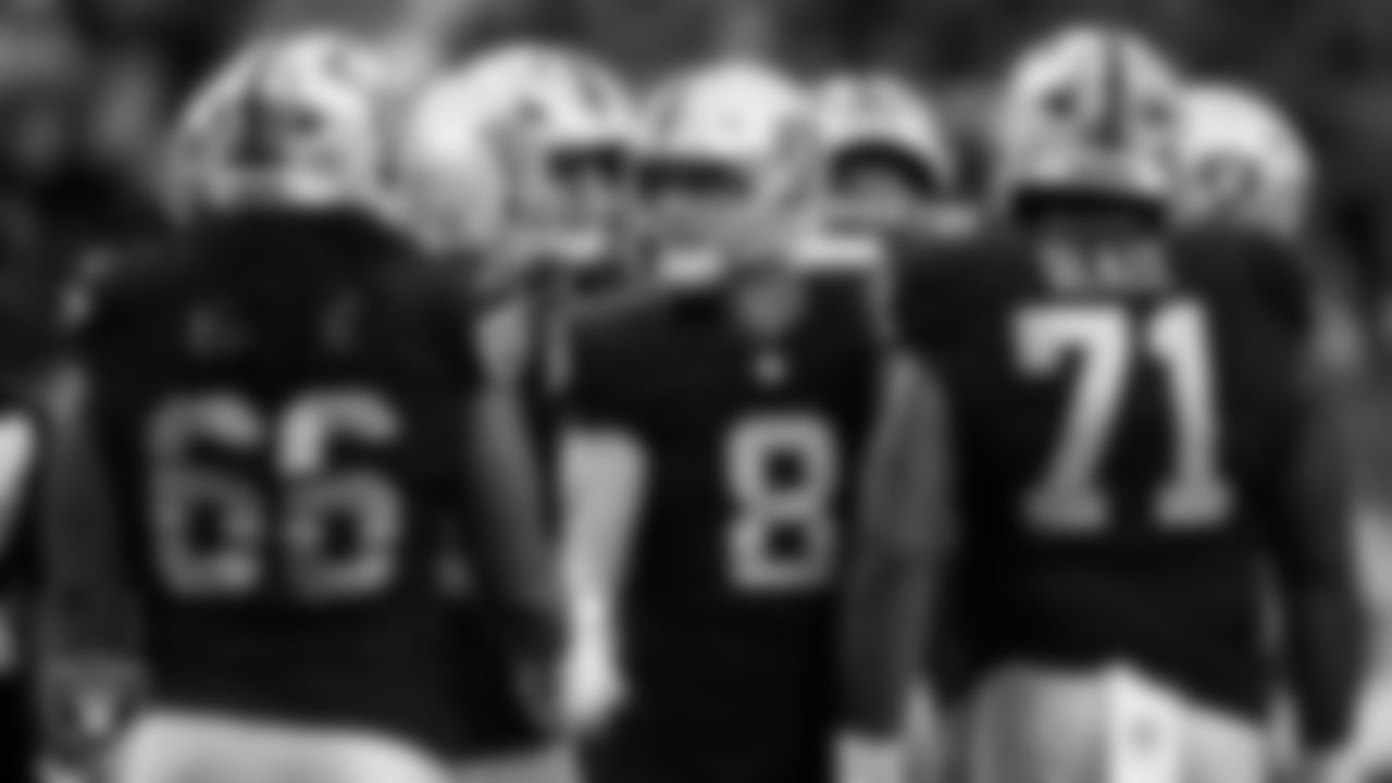 Las Vegas Raiders kicker Daniel Carlson (8) celebrates with teammates after kicking a 29-yard field goal during the regular season home game against the Tennessee Titans at Allegiant Stadium.