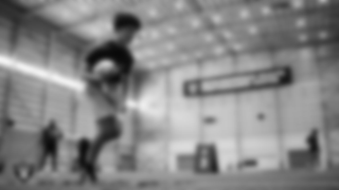 A student goes through a drill during a Raiders Junior Training Camp at Intermountain Health Performance Center.