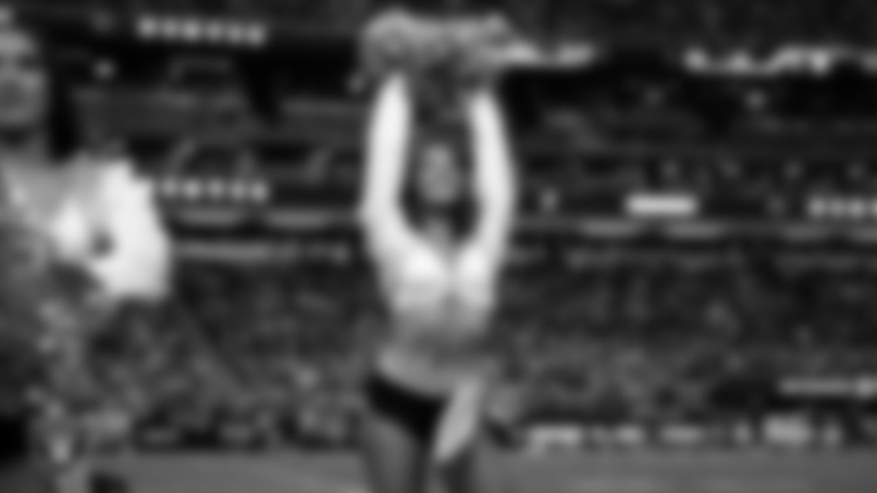 Raiderette Ashtin on the sidelines during the regular season home game against the Denver Broncos at Allegiant Stadium.