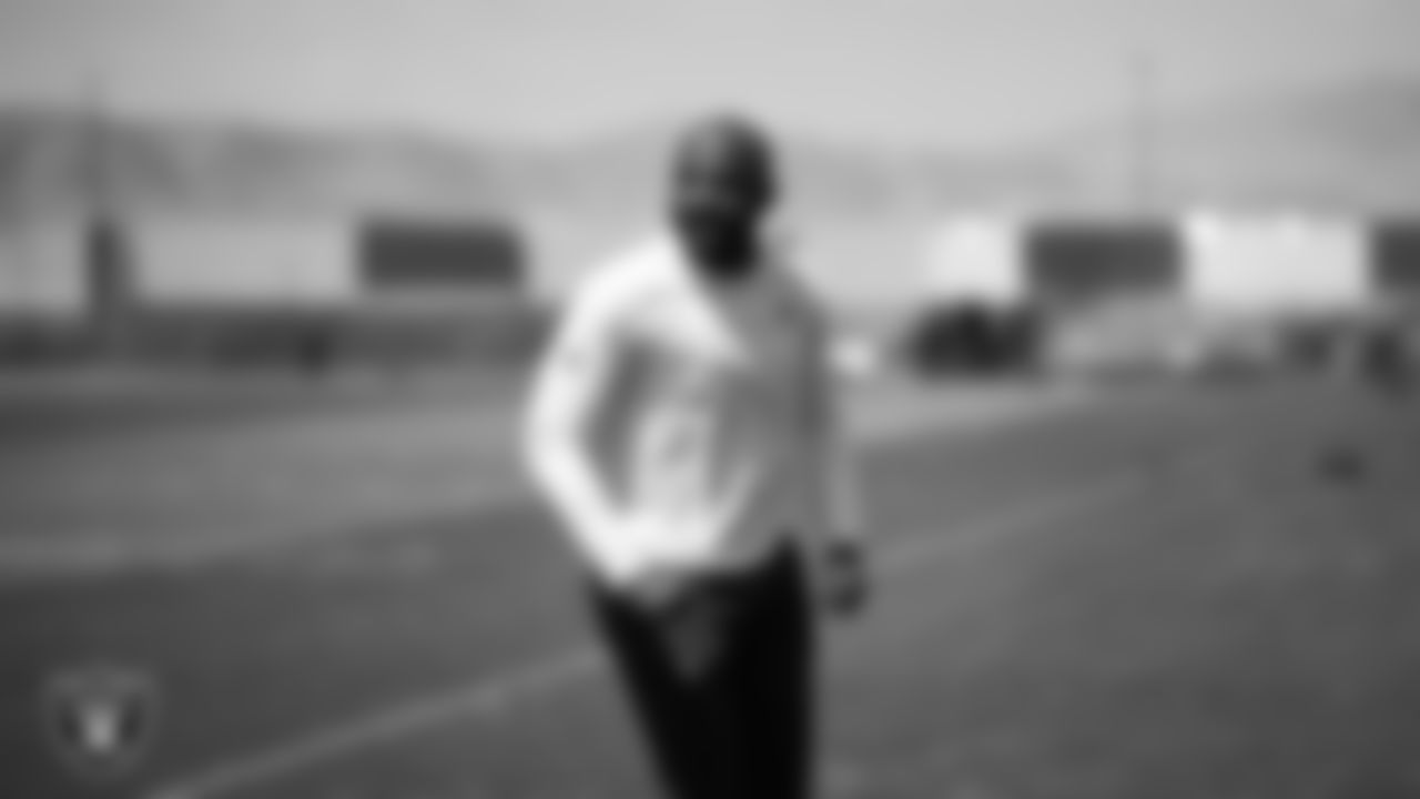 Las Vegas Raiders defensive quality control coach Beyah Rasool at an Organized Team Activity (OTA) at Intermountain Health Performance Center.