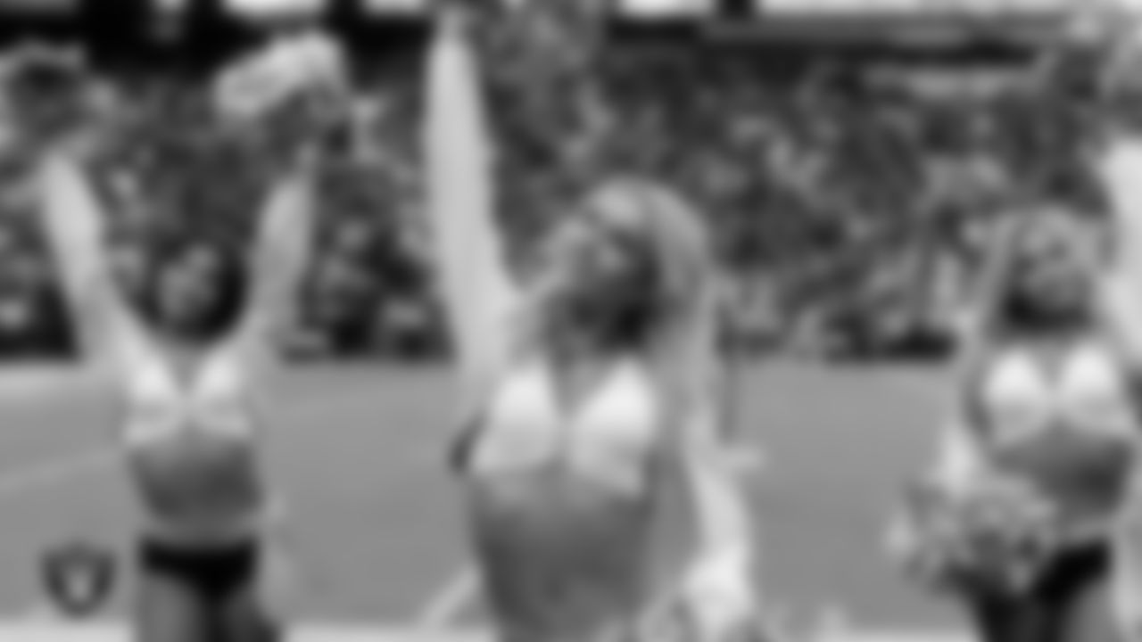Raiderette Kennedy on the sidelines during the preseason home game against the San Francisco 49ers at Allegiant Stadium.