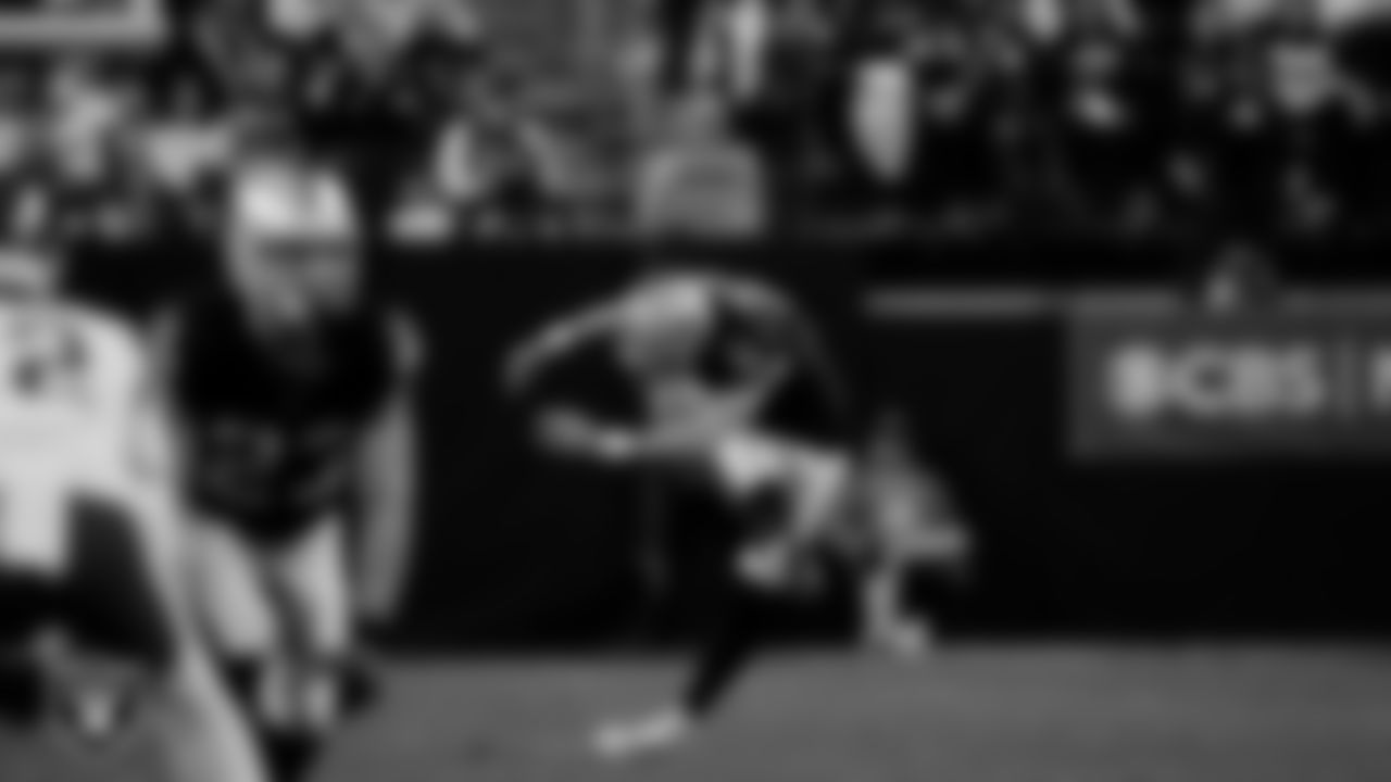 Las Vegas Raiders kicker Daniel Carlson (8) during the regular season home game against the Kansas City Chiefs at Allegiant Stadium.