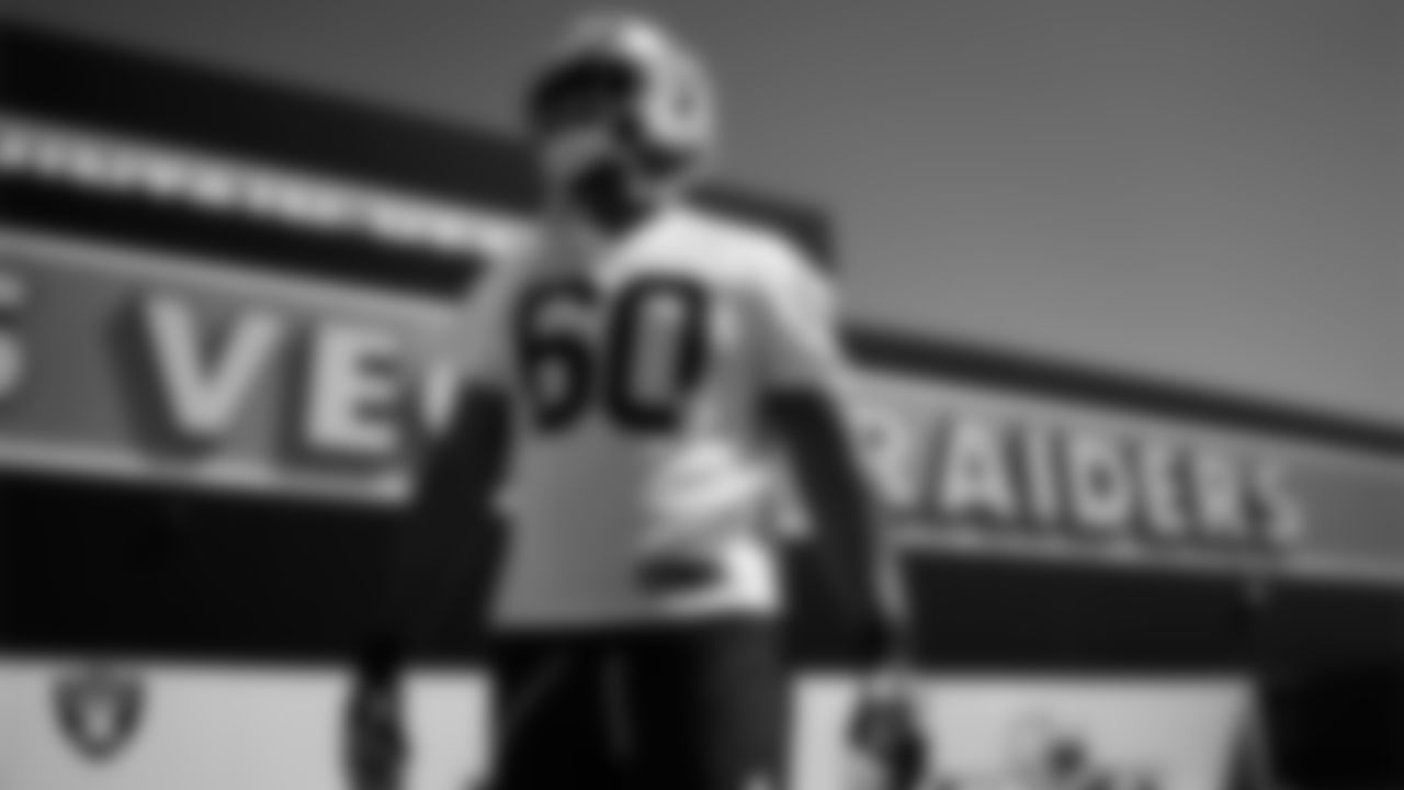 Las Vegas Raiders tackle Charles Grant (60) at day one of 2025 Rookie Minicamp at Intermountain Health Performance Center.