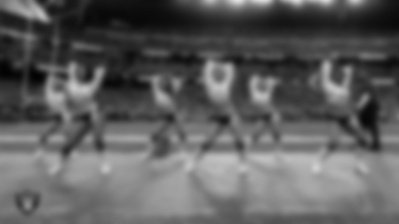 Line 3 of the Raiderettes performs on the sidelines during the regular season home game against the Denver Broncos at Allegiant Stadium.