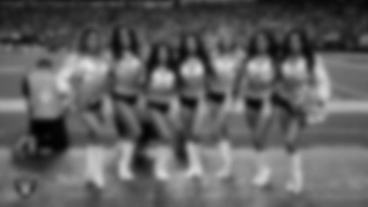 Line 2 of the Raiderettes on the sidelines during the regular season home game against the Kansas City Chiefs at Allegiant Stadium.
