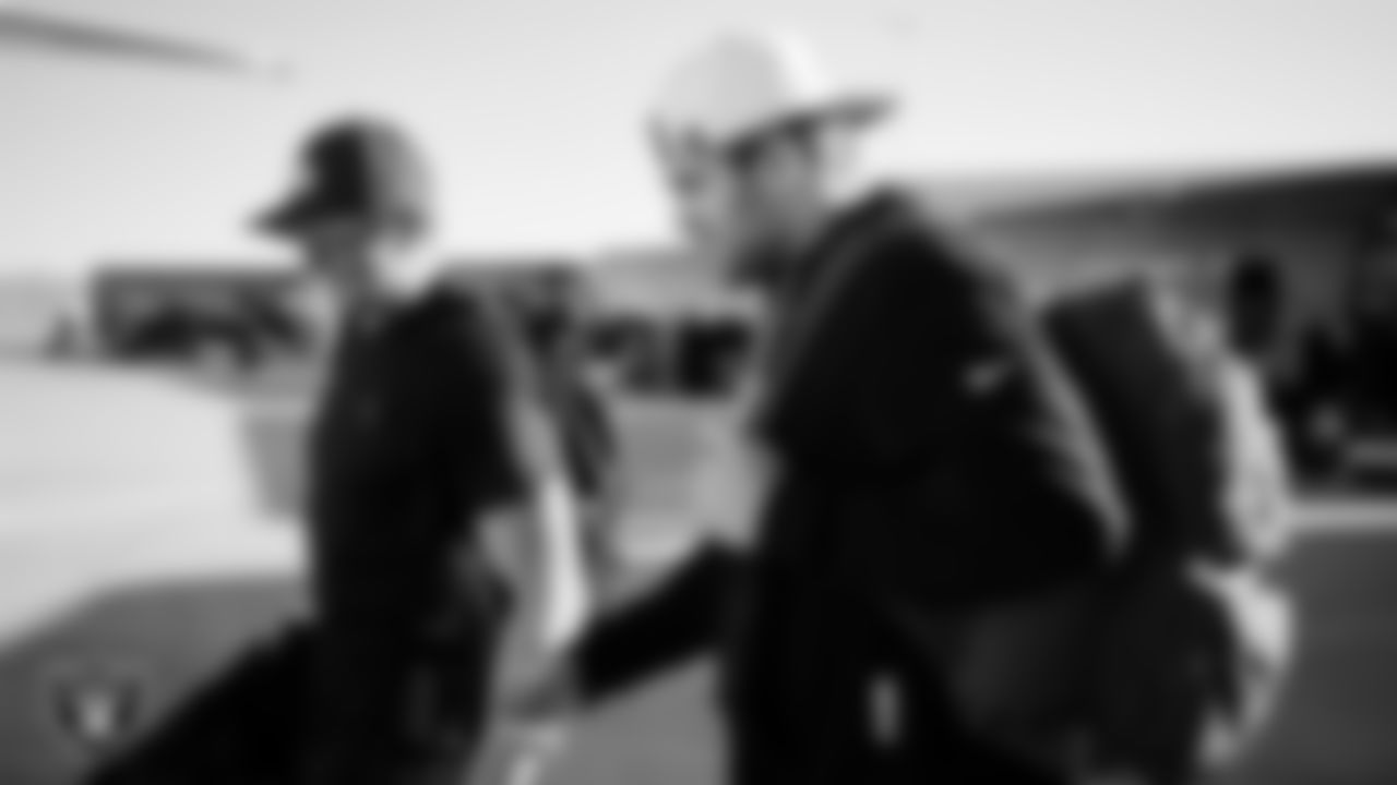 Las Vegas Raiders tight end Brock Bowers (89) and tight end Michael Mayer (87) depart for the regular season away game against the Philadelphia Eagles.