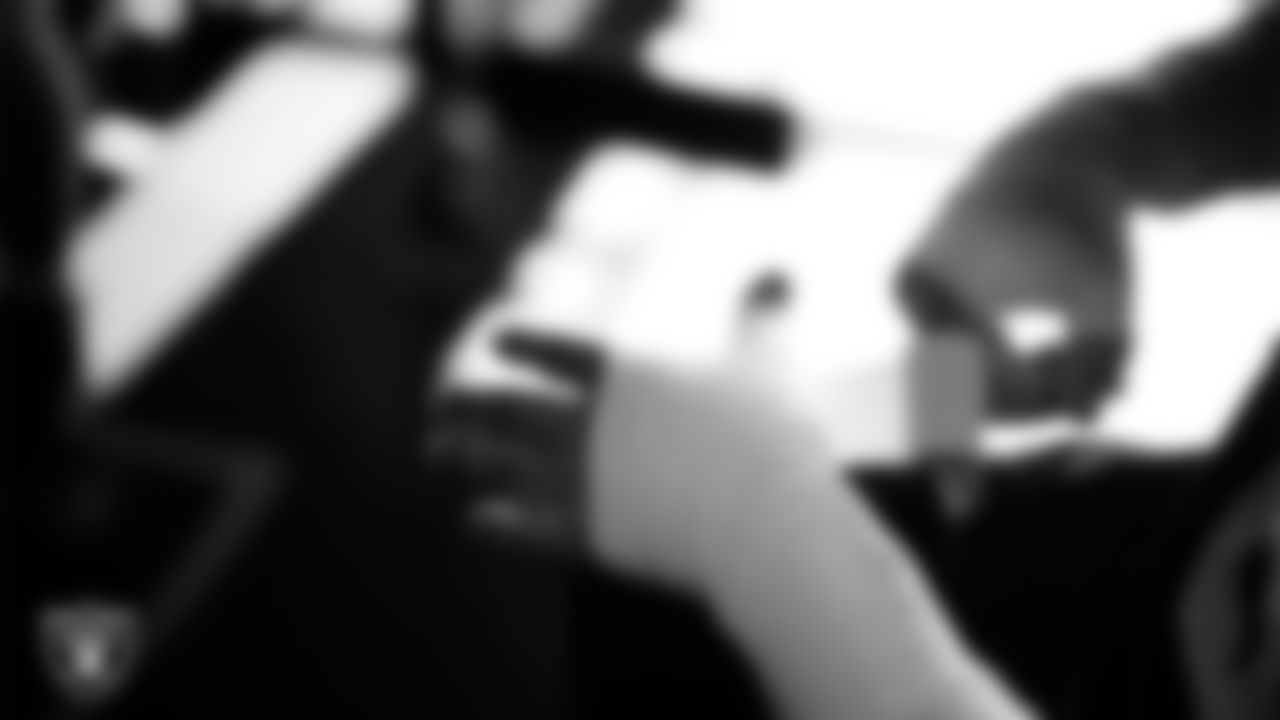 Las Vegas Raiders guard Caleb Rogers (76) in the weight room during practice at Intermountain Health Performance Center.