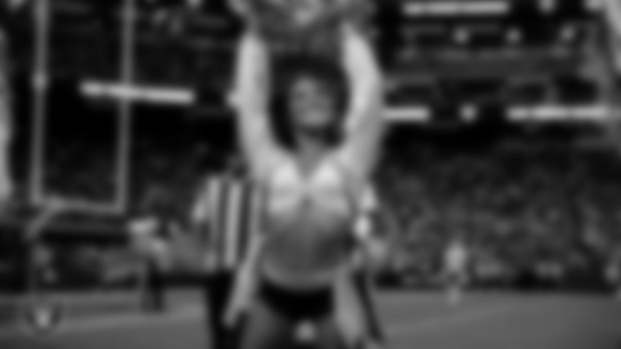 Raiderette Amanda on the sidelines during the regular season home game against the Kansas City Chiefs at Allegiant Stadium.