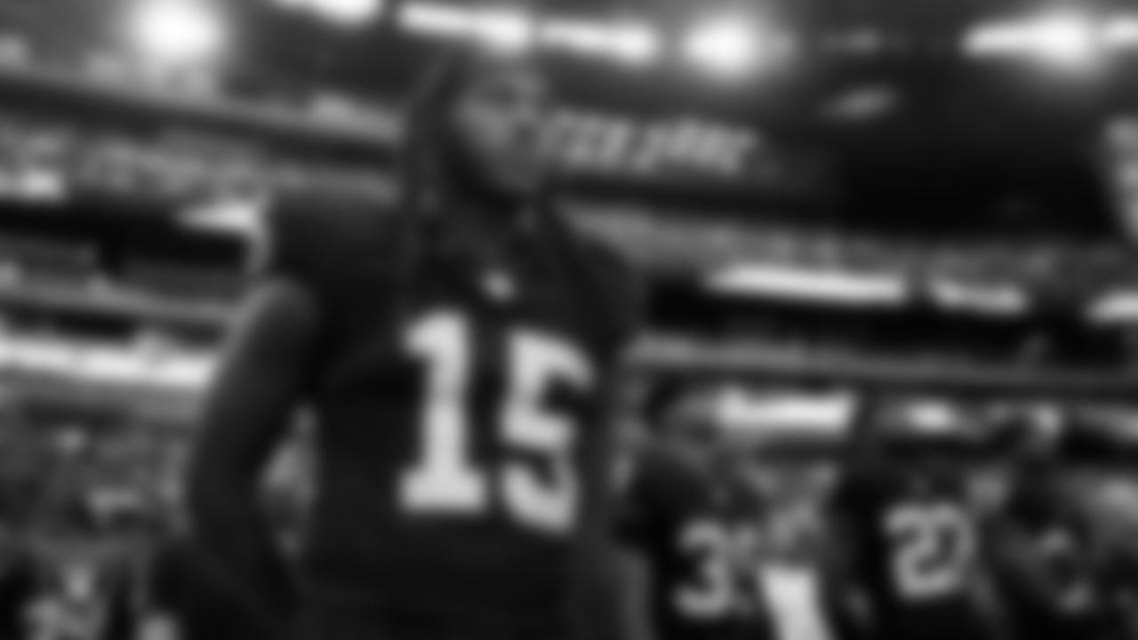 Las Vegas Raiders wide receiver Marquez Callaway (15) during the national anthem before the preseason home game against the San Francisco 49ers at Allegiant Stadium.