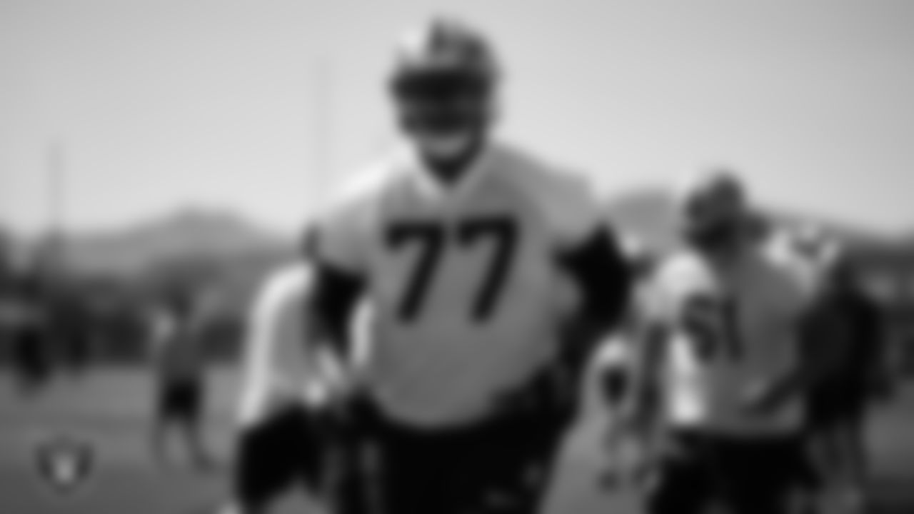 Las Vegas Raiders tackle Thayer Munford Jr. (77) at Day Two of 2025 Veteran Minicamp at Intermountain Health Performance Center.