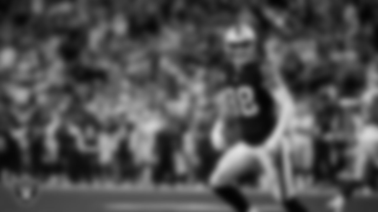 Las Vegas Raiders defensive end Maxx Crosby (98) celebrates after forcing a fumble during the regular season home game against the Dallas Cowboys at Allegiant Stadium.