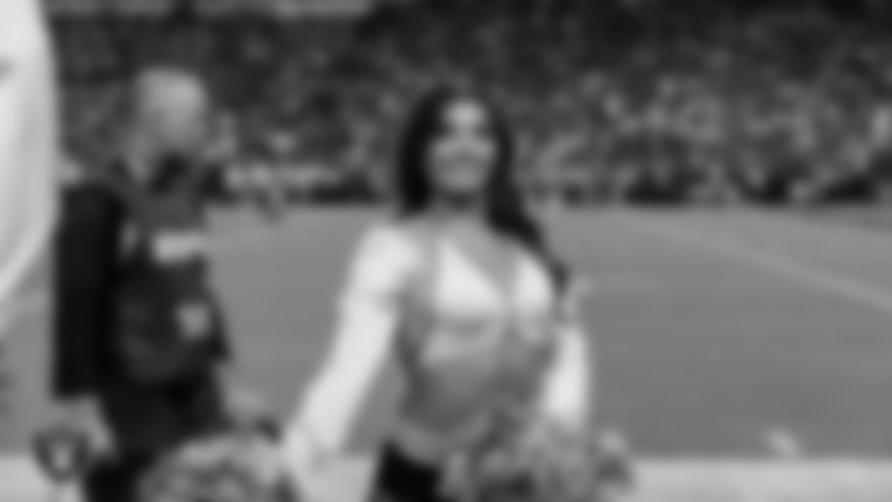 Raiderette Maddie on the sidelines during the regular season home game against the Los Angeles Chargers at Allegiant Stadium.