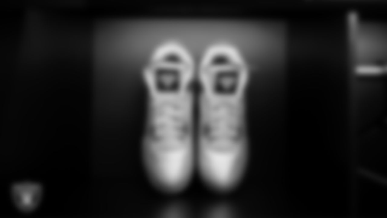 Cleats in the locker room prior to the Las Vegas Raiders' arrival for their regular season home game against the Cleveland Browns at Allegiant Stadium.