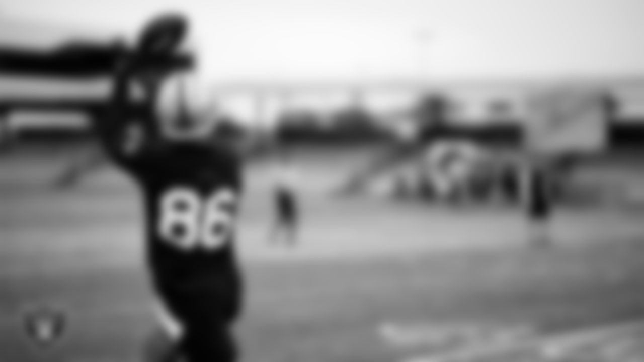 Las Vegas Raiders tight end Albert Okwuegbunam (86) during practice at Intermountain Health Performance Center.