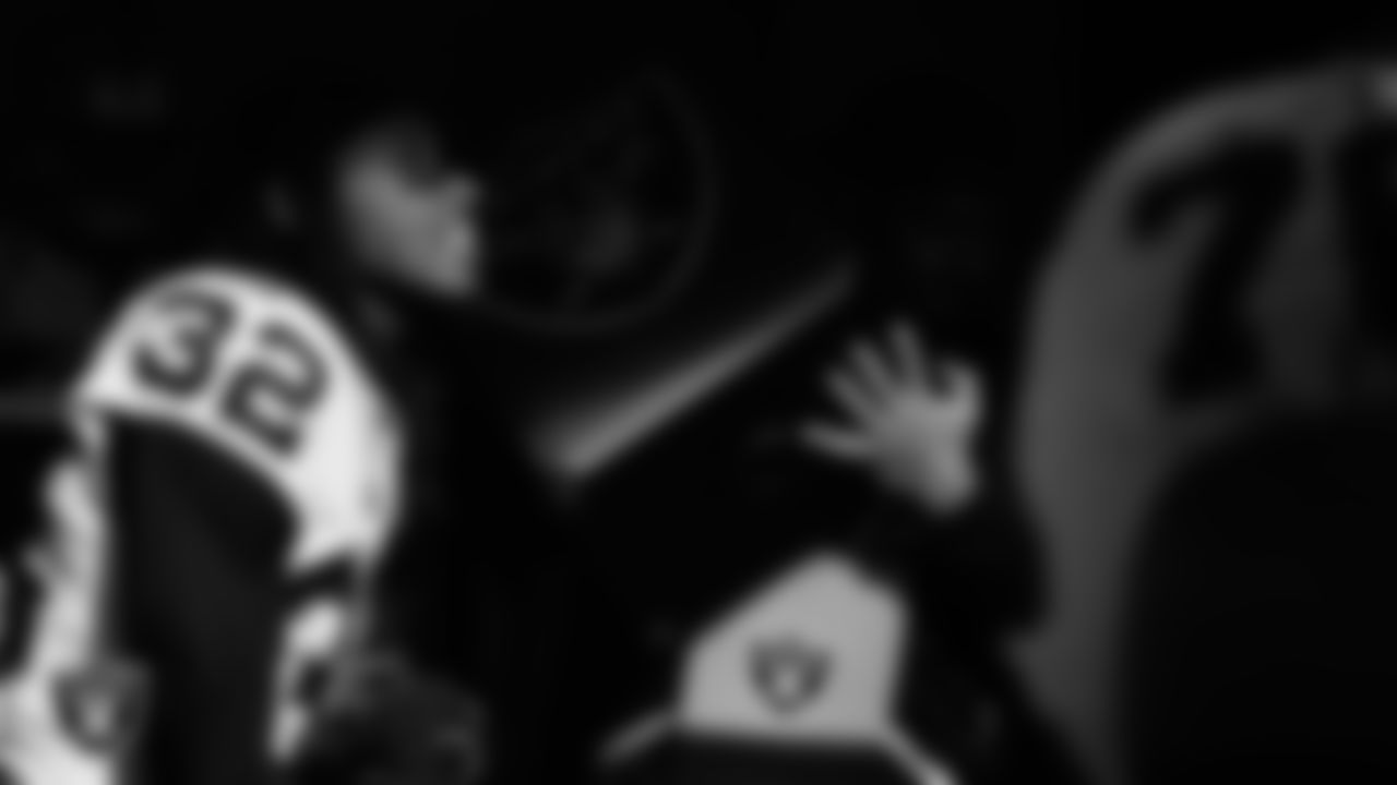 Las Vegas Raiders safety Lonnie Johnson Jr. (32) waits for the team to be introduced onto the field before the regular season away game against the Los Angeles Chargers at SoFi Stadium.