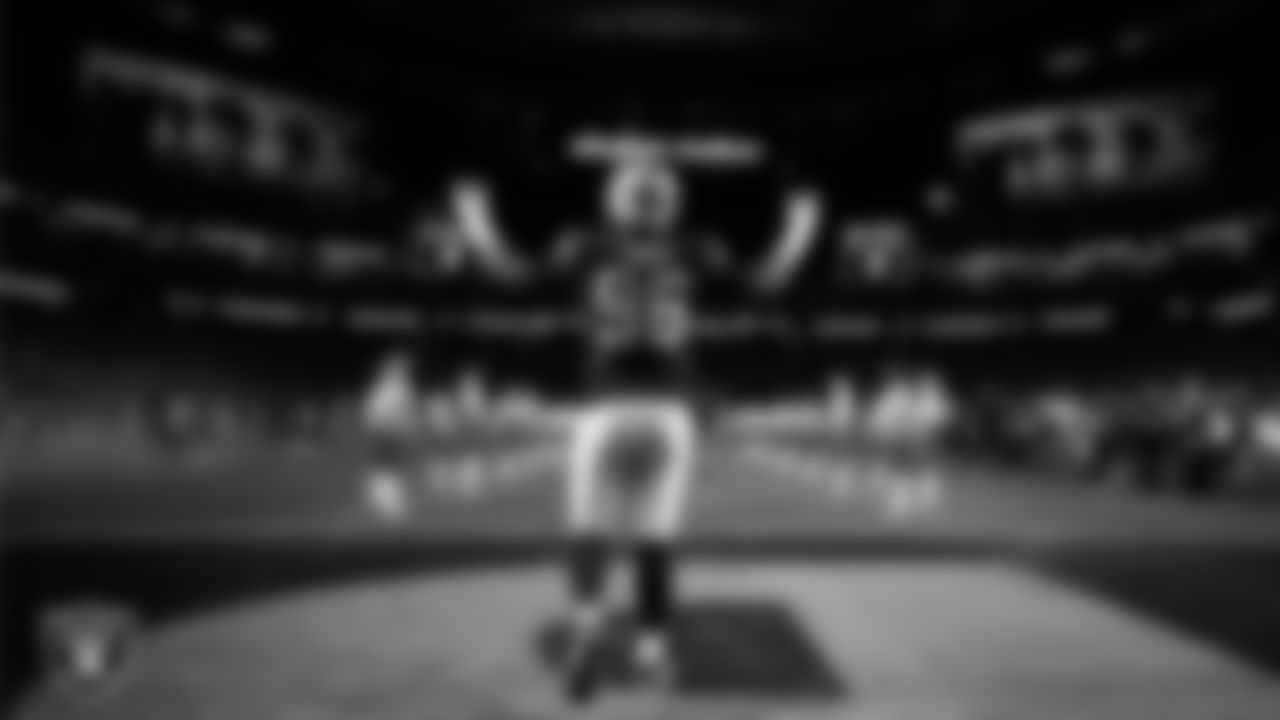 Las Vegas Raiders defensive tackle Jonah Laulu (96) is introduced onto the field before the regular season home game against the Dallas Cowboys at Allegiant Stadium.