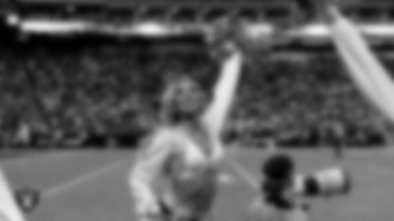 Raiderette Hayley on the sidelines during the regular season home game against the Cleveland Browns at Allegiant Stadium.