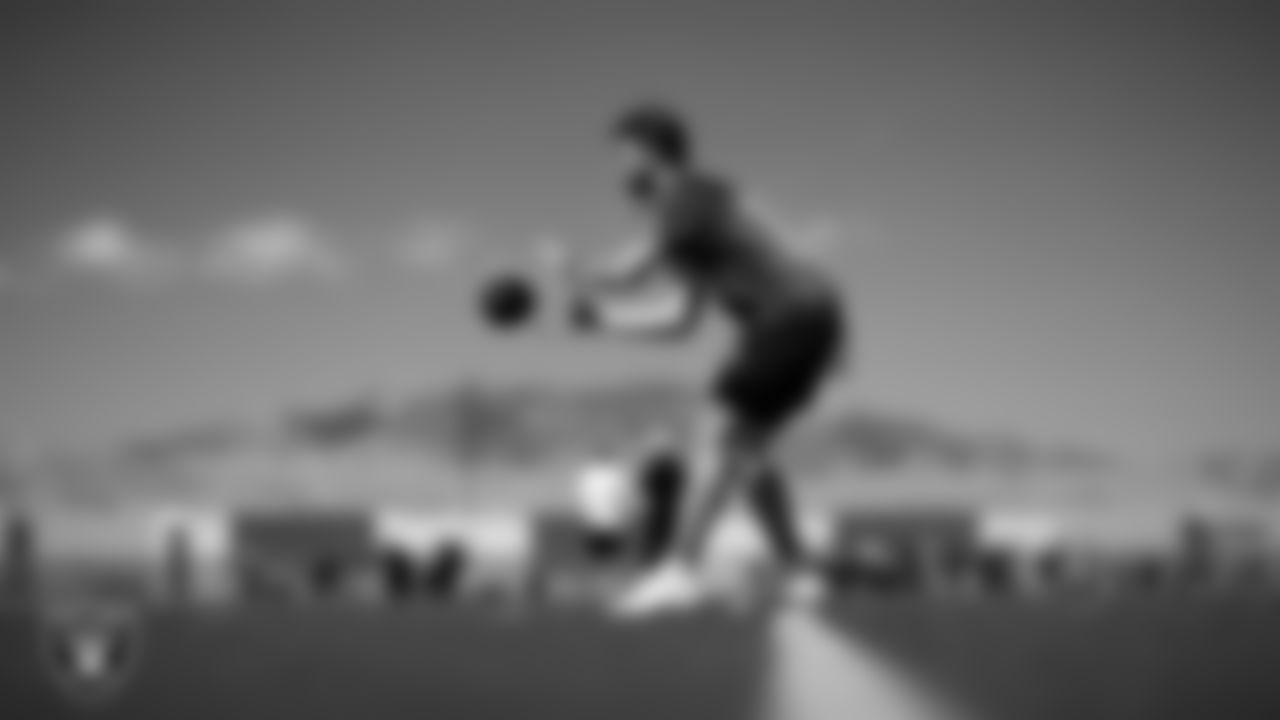 Las Vegas Raiders quarterback Carter Bradley (14) at a workout during phase two of the offseason program at Intermountain Health Performance Center.