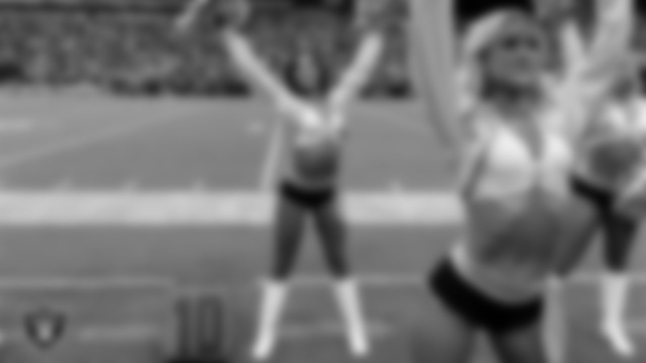 Raiderette Maddie on the sidelines during the preseason home game against the San Francisco 49ers at Allegiant Stadium.