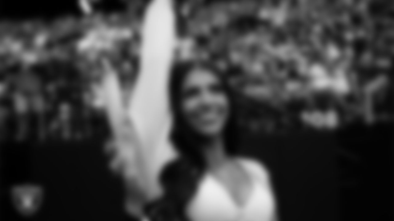 Raiderette Ashtin on the sidelines during the regular season home game against the Denver Broncos at Allegiant Stadium.