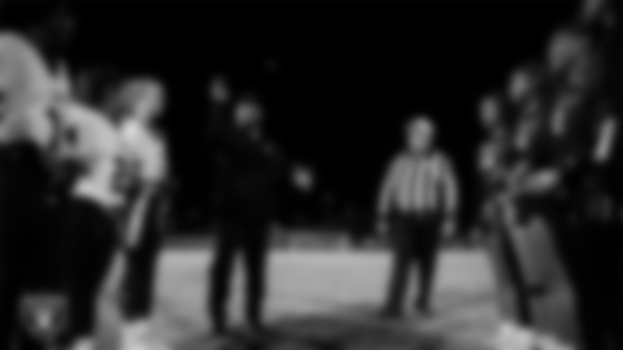 Las Vegas Raiders alumnus Keith Moody during the coin toss before the Raiders' High School Flag Football Showcase game at Russel Road Recreational Complex.