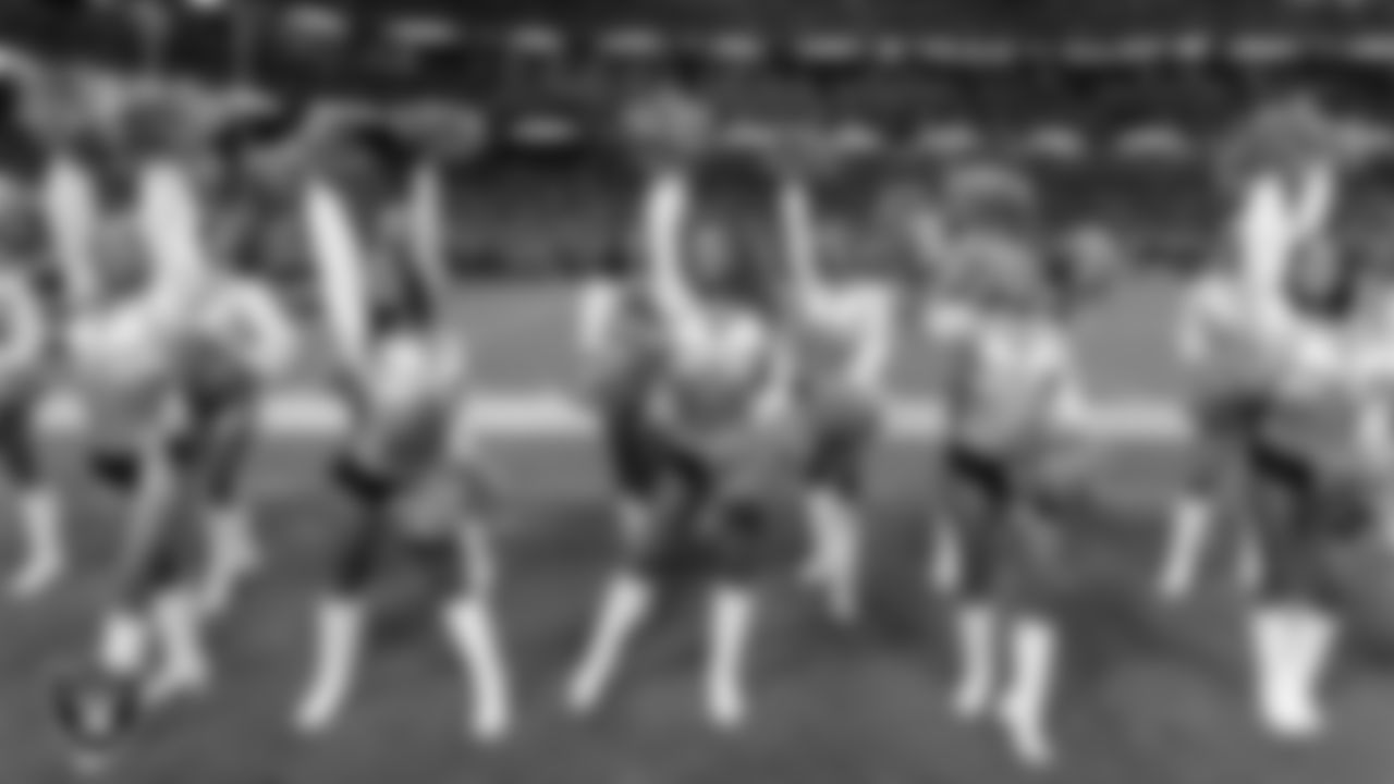 The Raiderettes on the sidelines during the regular season home game against the Los Angeles Chargers at Allegiant Stadium.