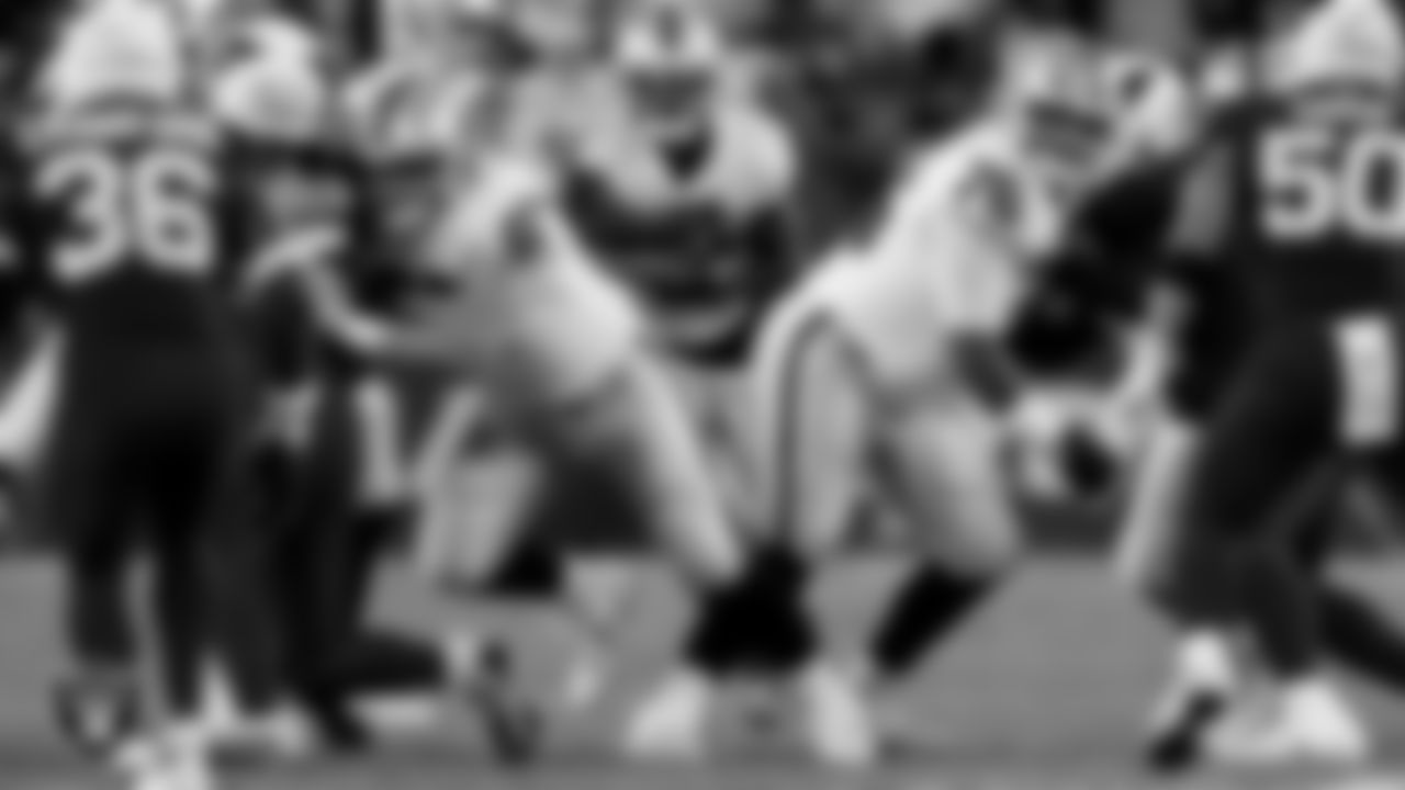 Las Vegas Raiders center Will Putnam (67) and guard Caleb Rogers (76) during the preseason away game against the Arizona Cardinals at State Farm Stadium.