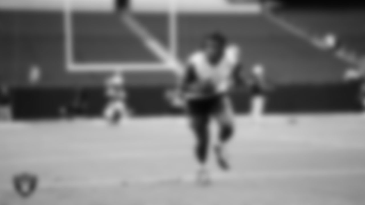 Las Vegas Raiders cornerback Darnay Holmes (30) warming up before the preseason home game against the San Francisco 49ers at Allegiant Stadium.