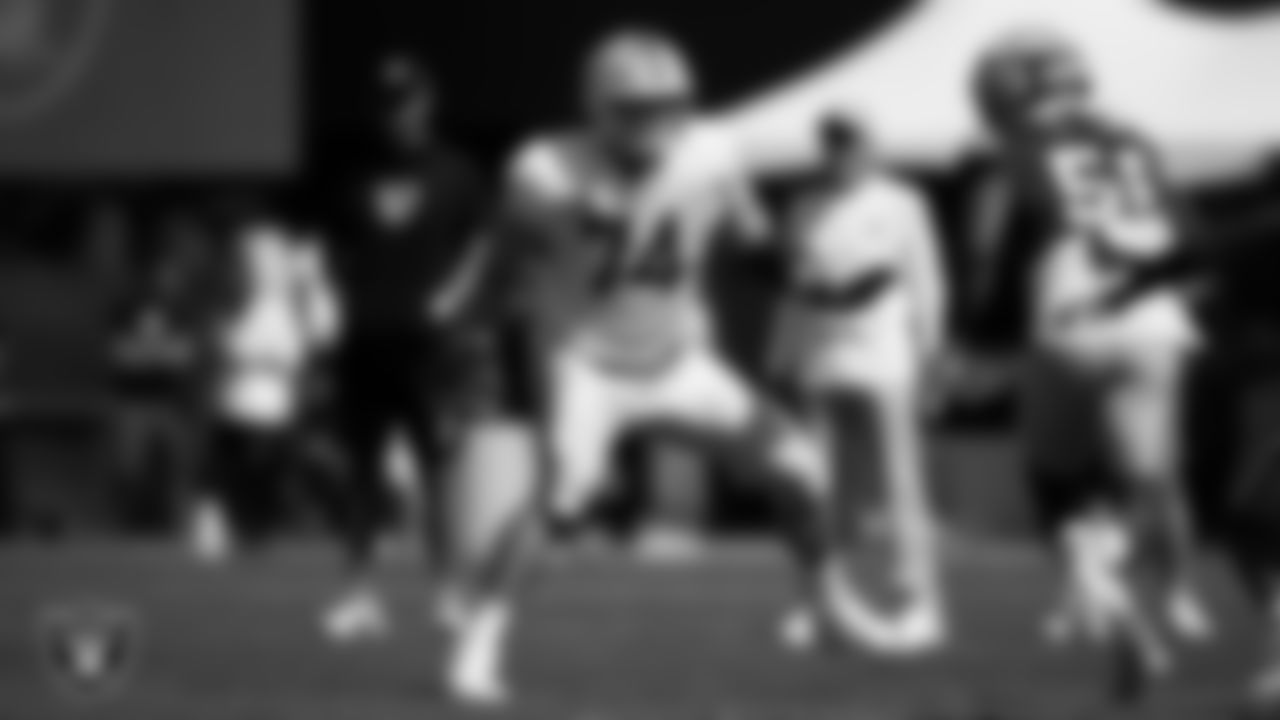 Las Vegas Raiders tackle Kolton Miller (74) on the field for a joint practice with the San Francisco 49ers at 2025 Training Camp at Intermountain Health Performance Center.