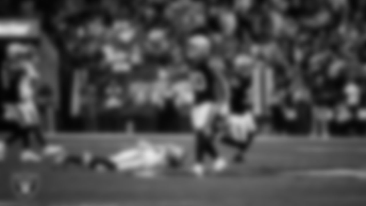 Las Vegas Raiders safety Isaiah Pola-Mao (20) celebrates after breaking up a pass during the regular season home game against the New York Giants at Allegiant Stadium.
