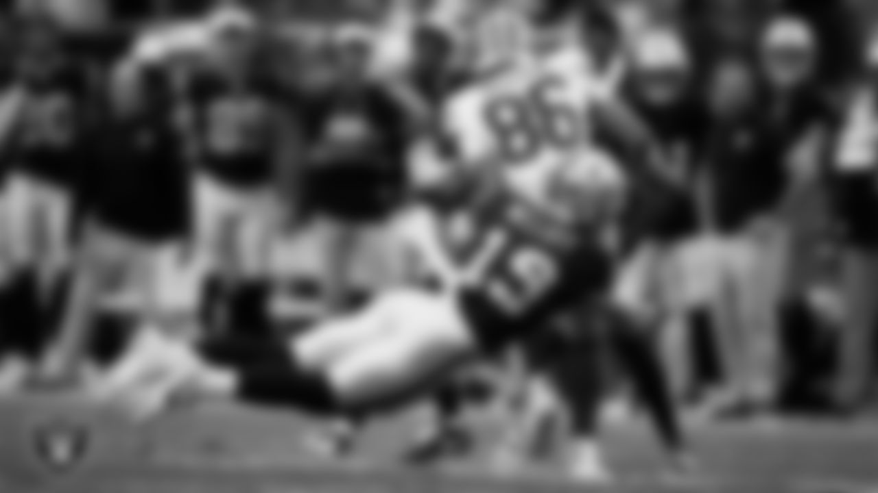 Las Vegas Raiders wide receiver Tommy Mellott (19) makes a tackle during the preseason home game against the San Francisco 49ers at Allegiant Stadium.