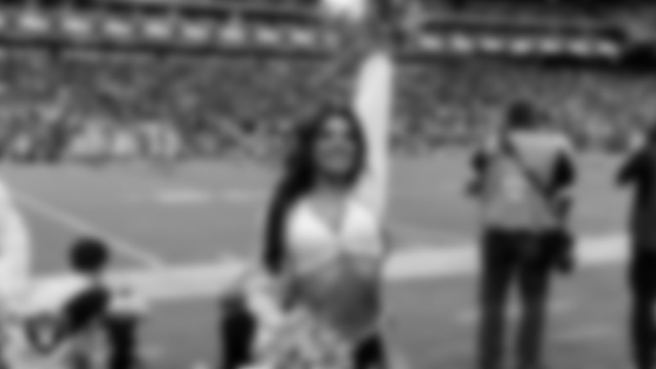 Raiderette Annalise on the sidelines during the preseason home game against the San Francisco 49ers at Allegiant Stadium.