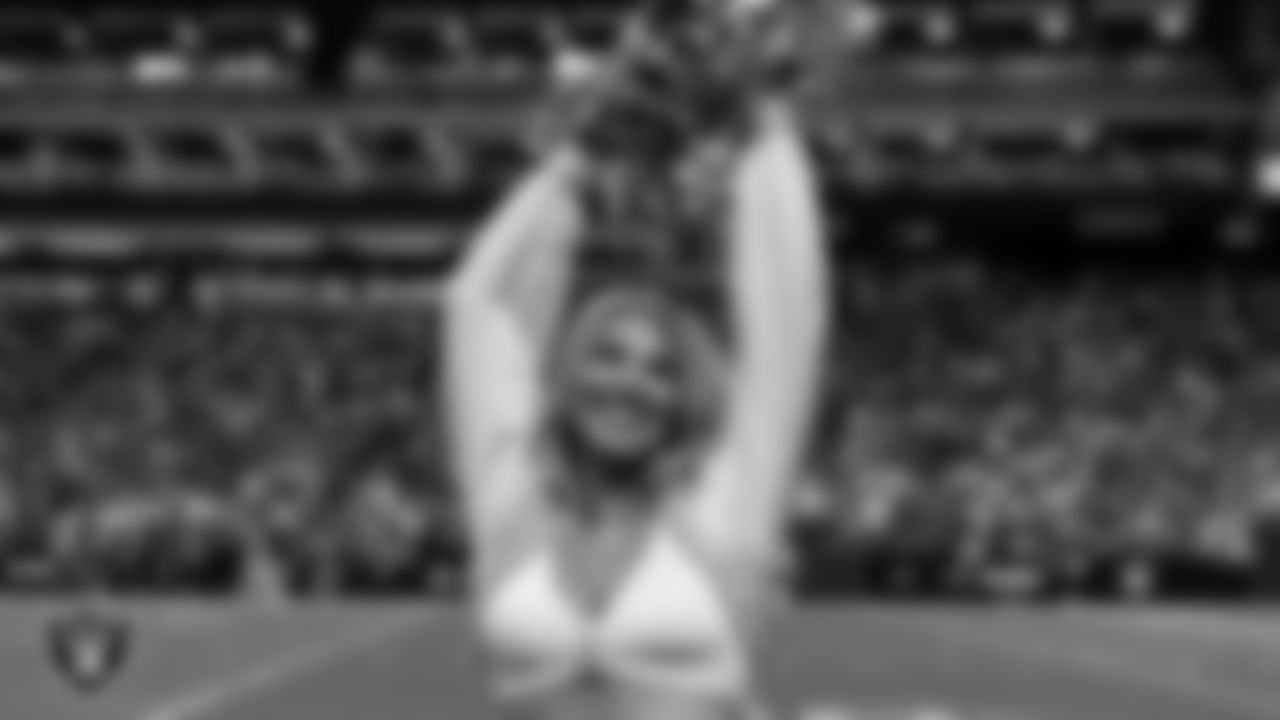 Raiderette Cori on the sidelines during the regular season home game against the Denver Broncos at Allegiant Stadium.