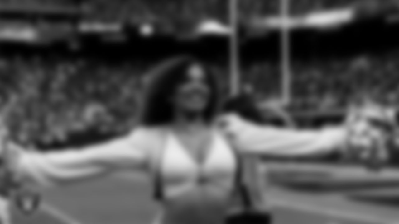 Raiderette Makenna on the sidelines during the regular season home game against the Jacksonville Jaguars at Allegiant Stadium.