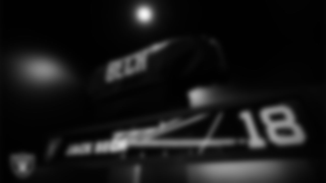 Las Vegas Raiders wide receiver Jack Bech's (18) pads in the locker room prior to the Raiders' arrival for their regular season home game against the Dallas Cowboys at Allegiant Stadium.