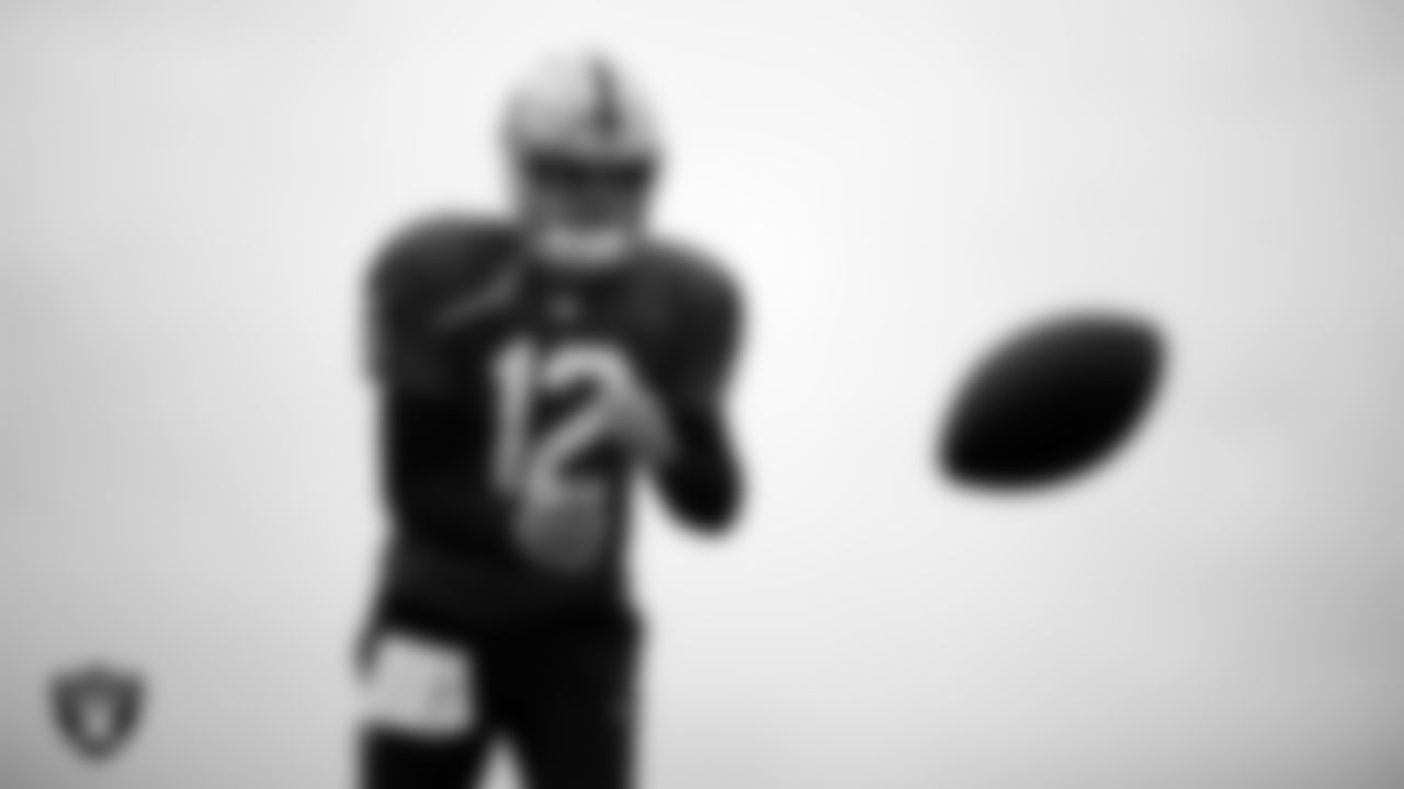 Las Vegas Raiders quarterback Aidan O'Connell (12) during practice at Intermountain Health Performance Center.