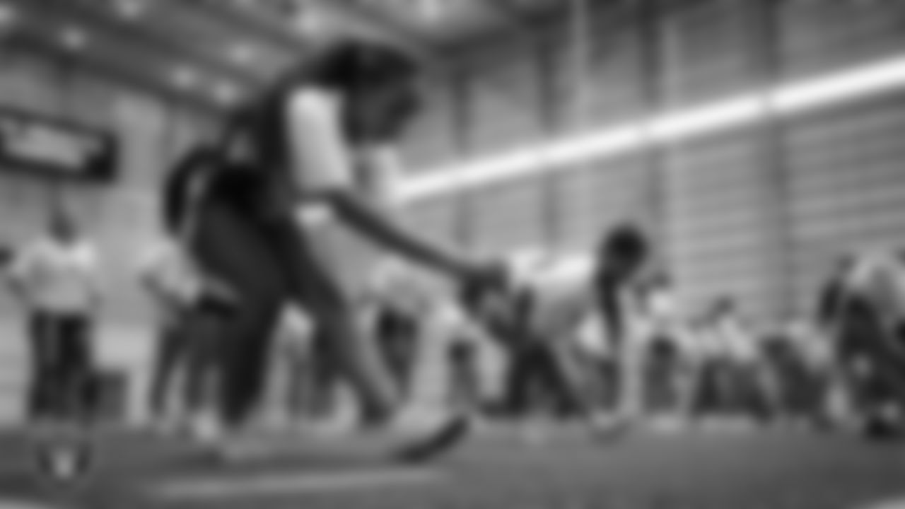 Athletes go through a drill during the Las Vegas Raiders INSPIRE event at Intermountain Health Performance Center.