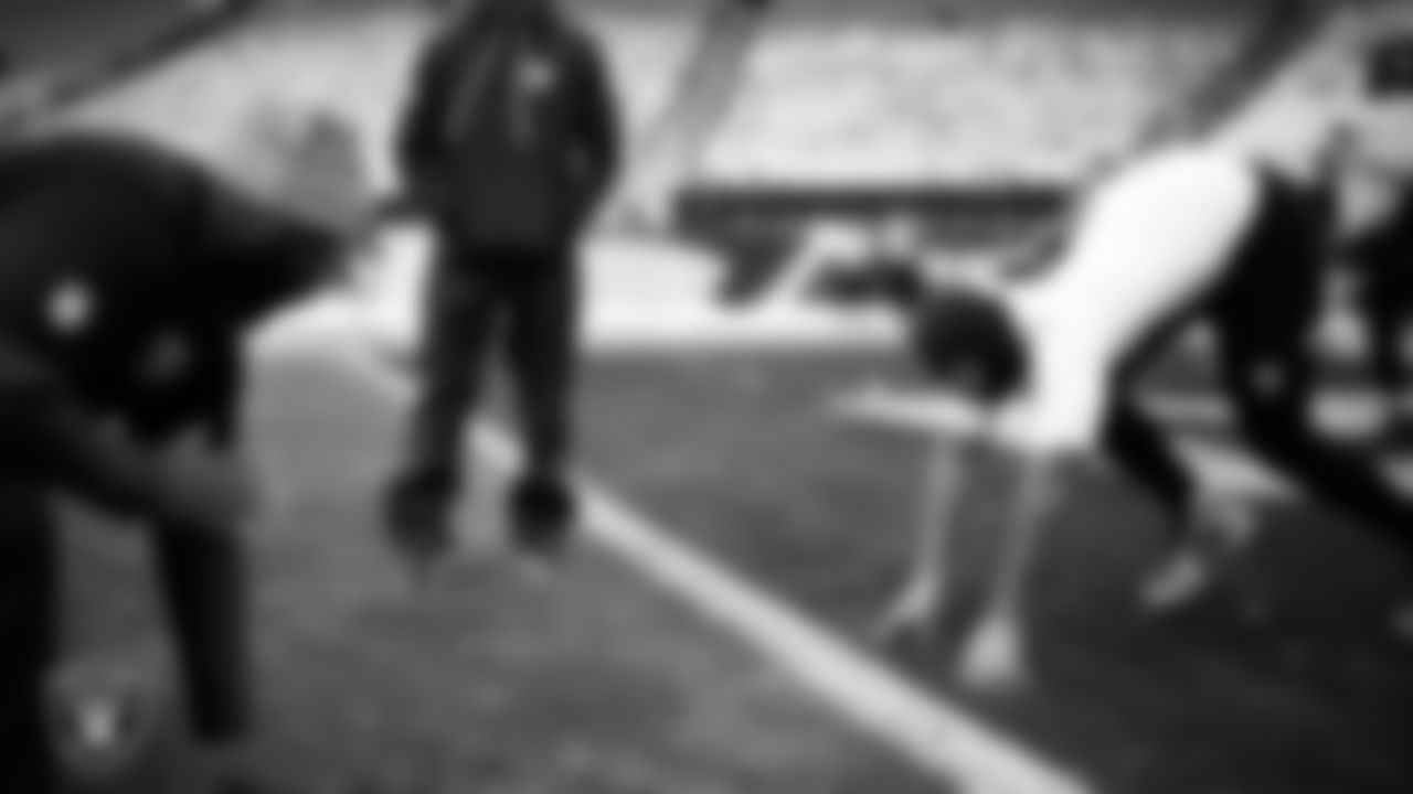 Las Vegas Raiders defensive tackle Jonah Laulu (96) warming up before the regular season away game against the Philadelphia Eagles at Lincoln Financial Field.
