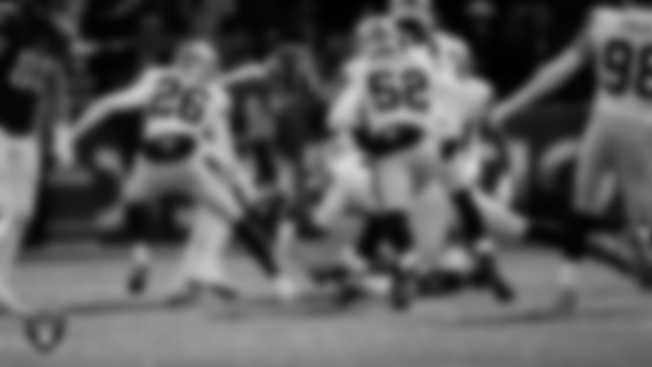 Las Vegas Raiders defensive tackle Adam Butler (69) makes a tackle during the regular season away game against the Philadelphia Eagles at Lincoln Financial Field.