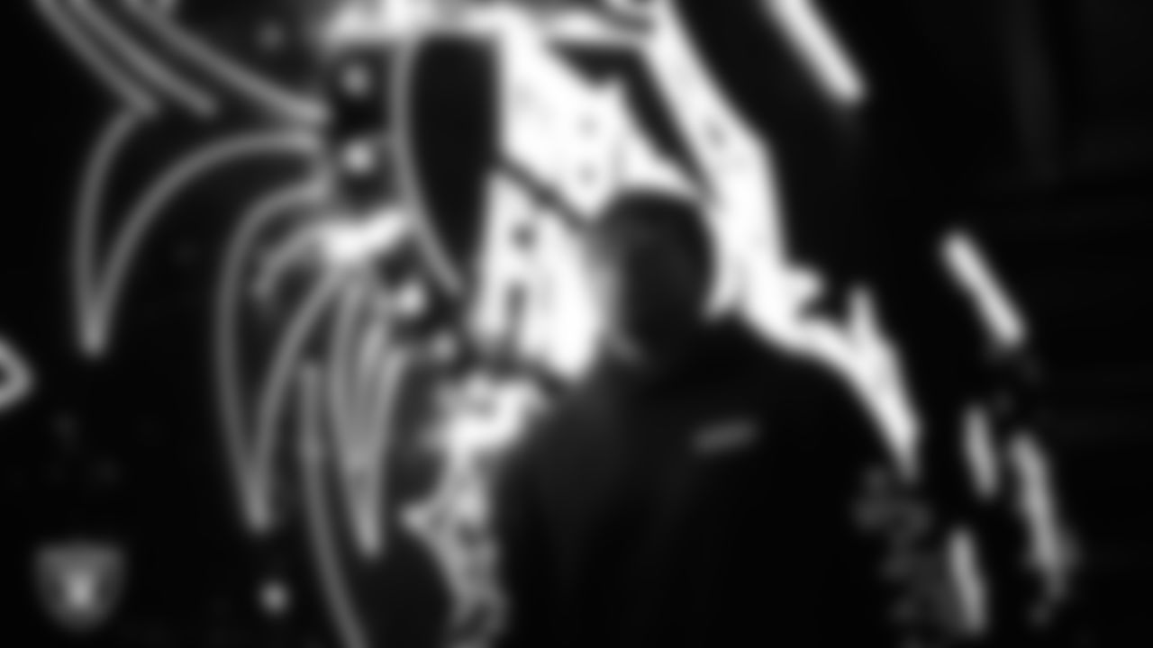 Las Vegas Raiders defensive lineman Boogie Basham (57) arrives to the regular season home game against the New York Giants at Allegiant Stadium.