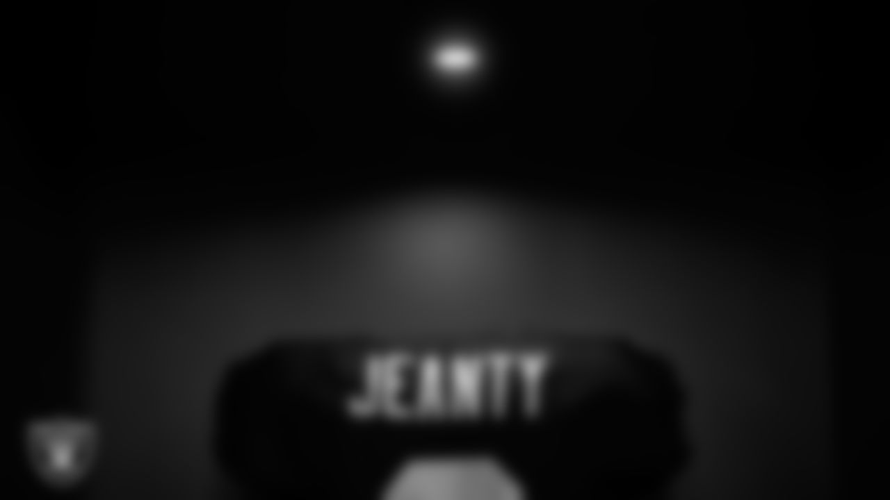 Las Vegas Raiders running back Ashton Jeanty's (2) pads in the locker room prior to the Las Vegas Raiders' arrival for their regular season home game against the Dallas Cowboys at Allegiant Stadium.