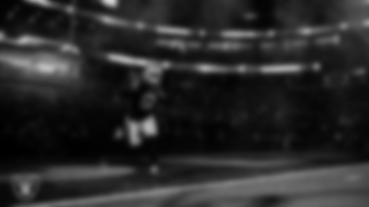 Las Vegas Raiders defensive end Malcolm Koonce (51) is introduced onto the field before the regular season home game against the Los Angeles Chargers at Allegiant Stadium,