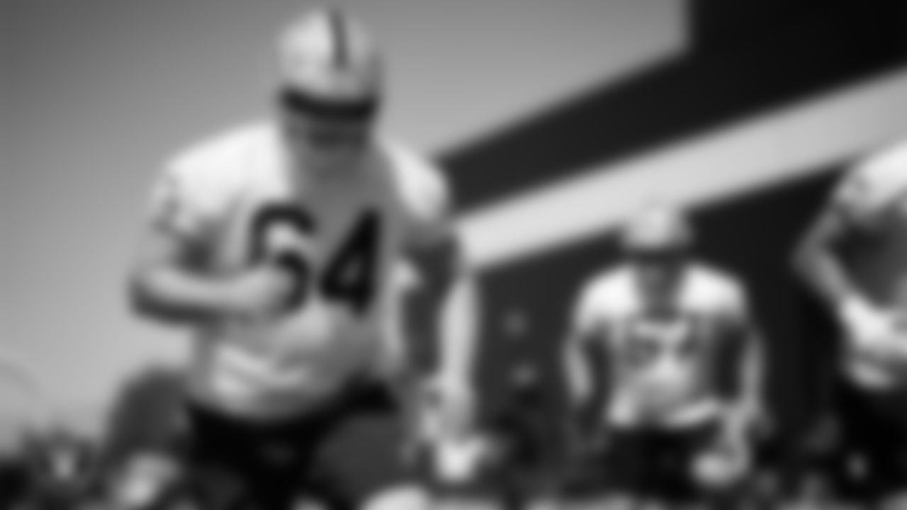 Las Vegas Raiders center Jarrod Hufford (64) at day one of 2025 Rookie Minicamp at Intermountain Health Performance Center.